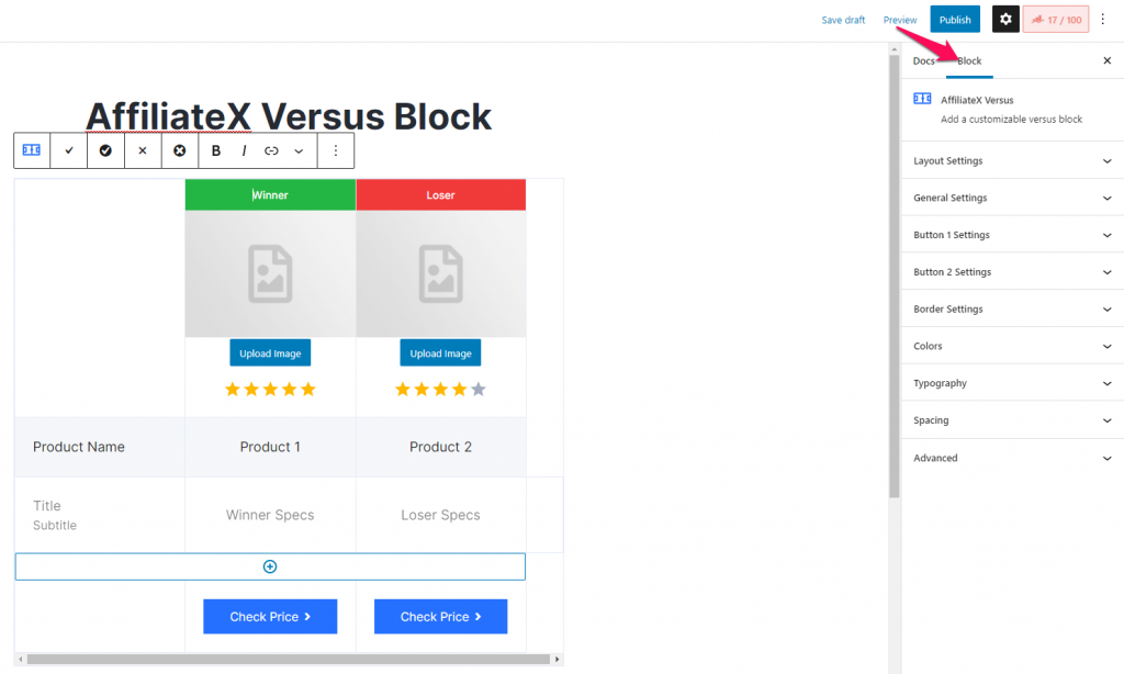 How to add the AffiliateX Versus block