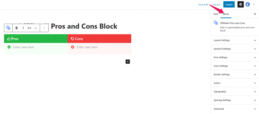 How to add the AffiliateX Pros and Cons block