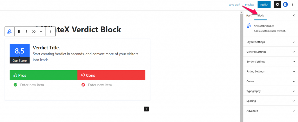 How to add the AffiliateX Verdict block