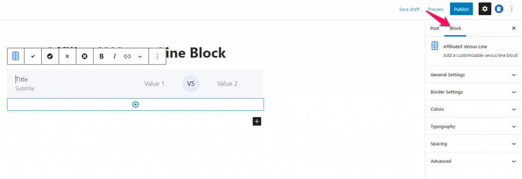 How to add the AffiliateX Versus Line block
