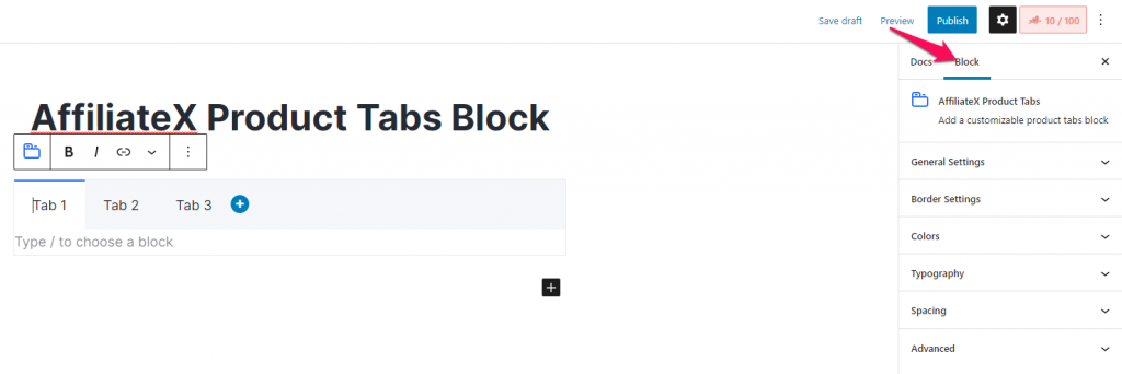 How to add the AffiliateX Product Tabs block